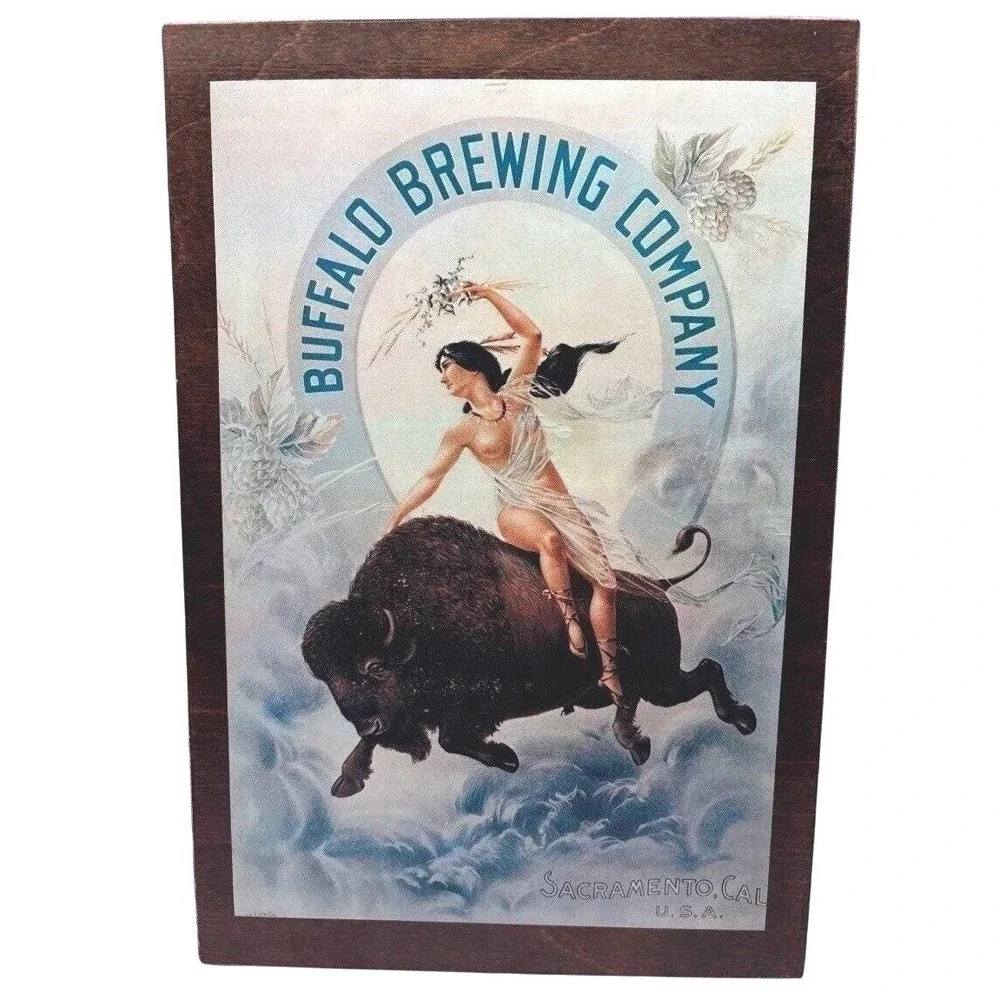 Vintage Buffalo Brewing Co Sacramento‎ CA Wooden Sign Plaque Buffalo Lady 1970s